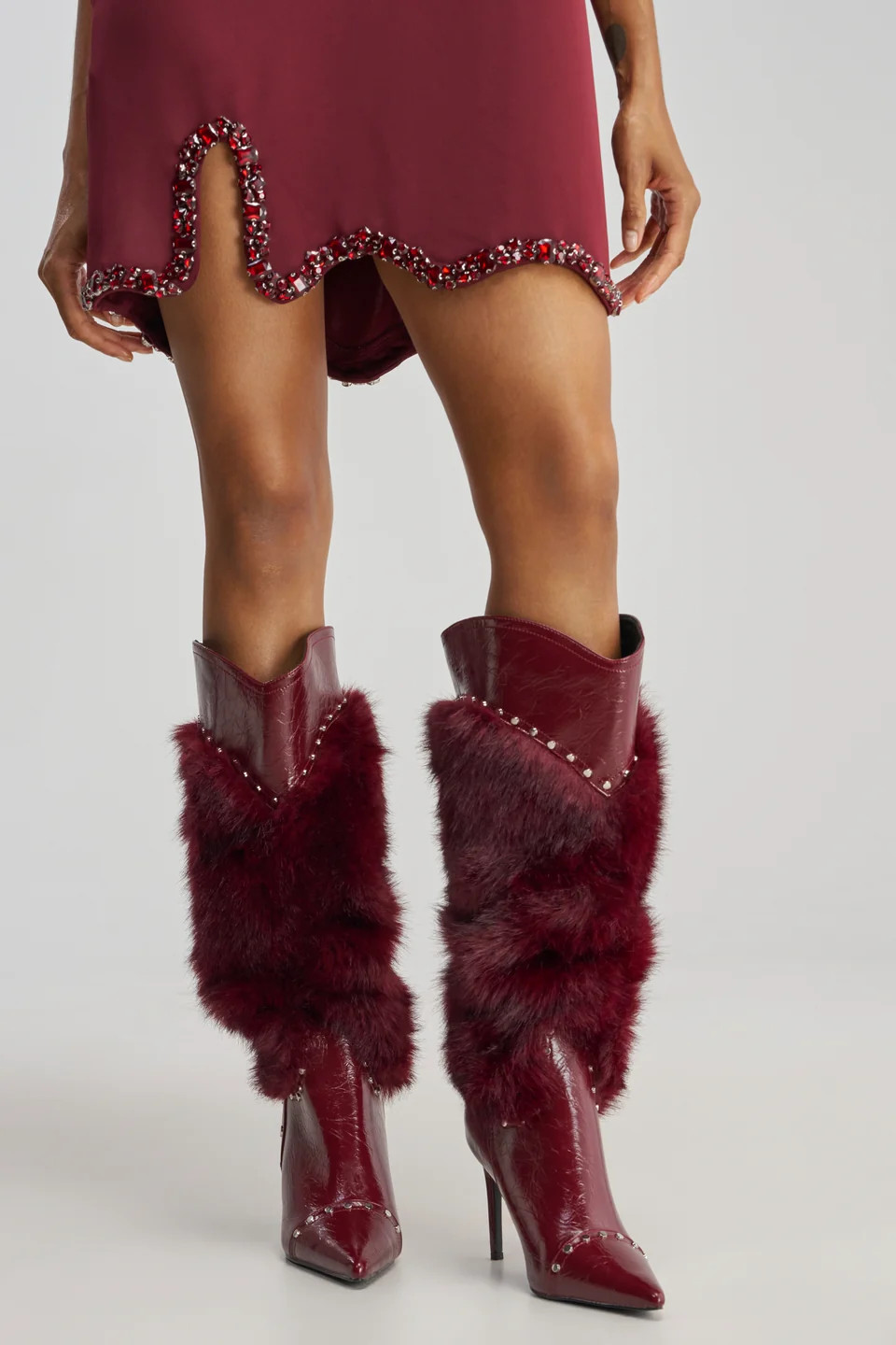 AKIRA Azalea Wang Alisette Mixed Material Fur And Snake Stiletto Boot | Burgundy | Size 10 | AKIRA