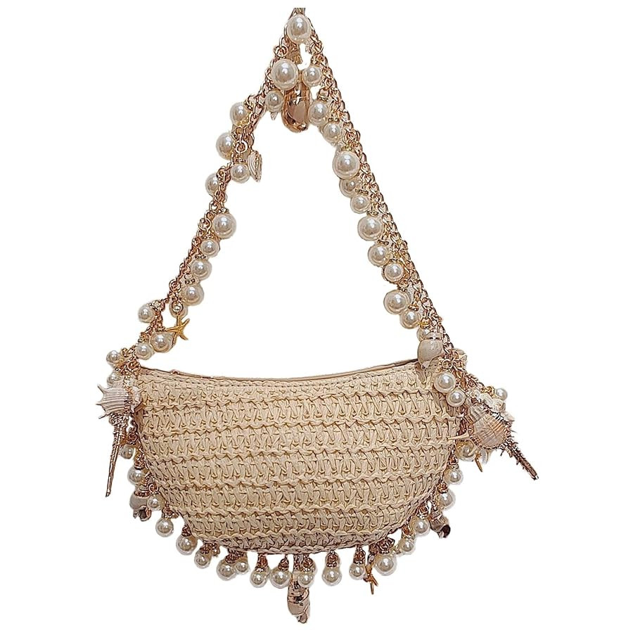 Gets Women Pearl Straw Clutch Purse Woven Summer Beach Evening Bag Wedding Party Straw Shoulder H... | Amazon (US)