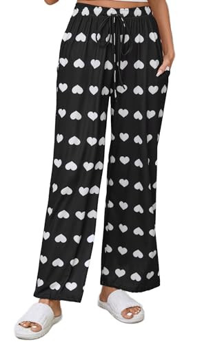 X-Image Women's Wide Leg Heart Long Pajama Valentine's Sleep Pant Pajama PJ Pants with Pockets White Heart-Black, XX-Large | Amazon (US)