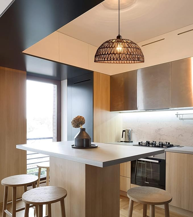 MEIXISUE Brown Rope Woven Boho Pendant Light,Rattan Wicker Hanging Ceiling Light Fixtures for Kit... | Amazon (US)