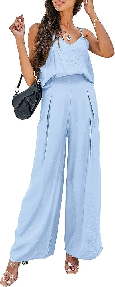 PRETTYGARDEN Women's Summer 2 Piece Set Sleeveless V Neck Cami Top Wide Leg Pants Loose Fit Casua... | Amazon (US)