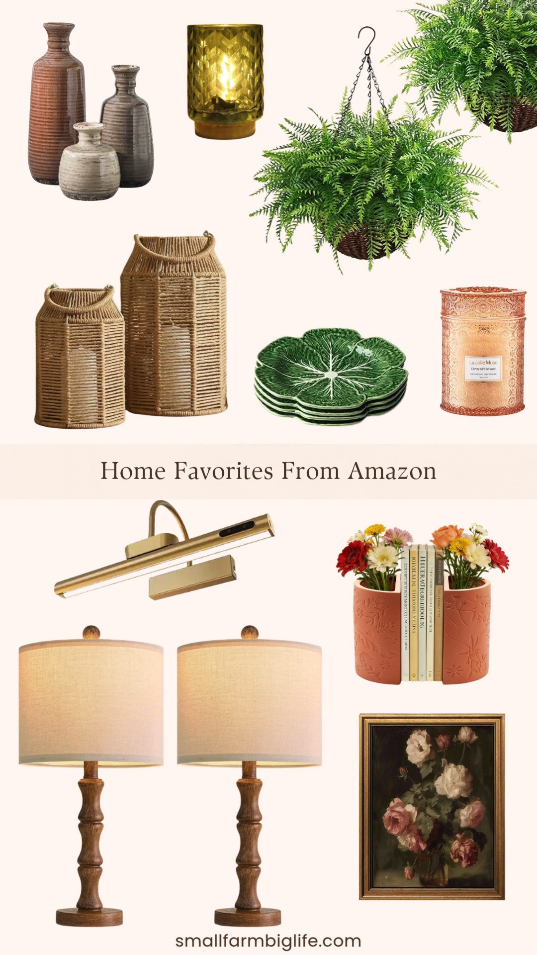 Sharing some of my favorite home finds from Amazon right now and this round up is so good 🌿✨ A small green battery operated table lamp that is so charming, a gold dimmable cordless picture light with a controller, a gold framed vintage flower vase canvas wall art print, a set of two rustic wood grain resin table lamps, a set of three brown ceramic vases, natural jute boho lanterns, faux hanging outdoor fern plants, the most beautiful LA JOLIE MUSE Citrine and Pink Peony scented candle, the cutest flower pot decorative bookends, and the most gorgeous cabbage 3D dinner plates set of four that I am completely obsessed with. This is such a great mix of pieces for adding warmth, texture, and personality to your home and every single one of these is from Amazon at an amazing price point. Everything is linked! 🛒🌿 

 #LTKHome #LTKSaleAlert