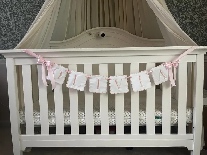 Custom Baby Name Banner, Scallopped Bow Name Banner, Embroidered Baby Banner, Pink and White Baby... | Etsy (US)