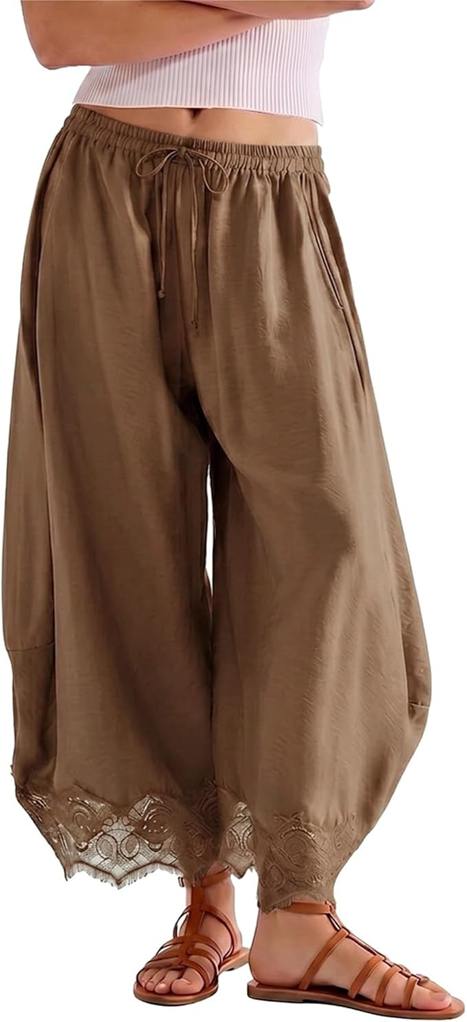 SeeLuNa Comfy Women's Pants Cropped Lace Hem Pants Summer Boho Drawstring High Rise Wide Leg Loun... | Amazon (US)
