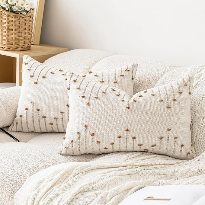 Boho Throw Pillow Covers 12x20 Set of 2 Neutral Decorative Textured Cushion Case Farmhouse Pillow... | Amazon (US)