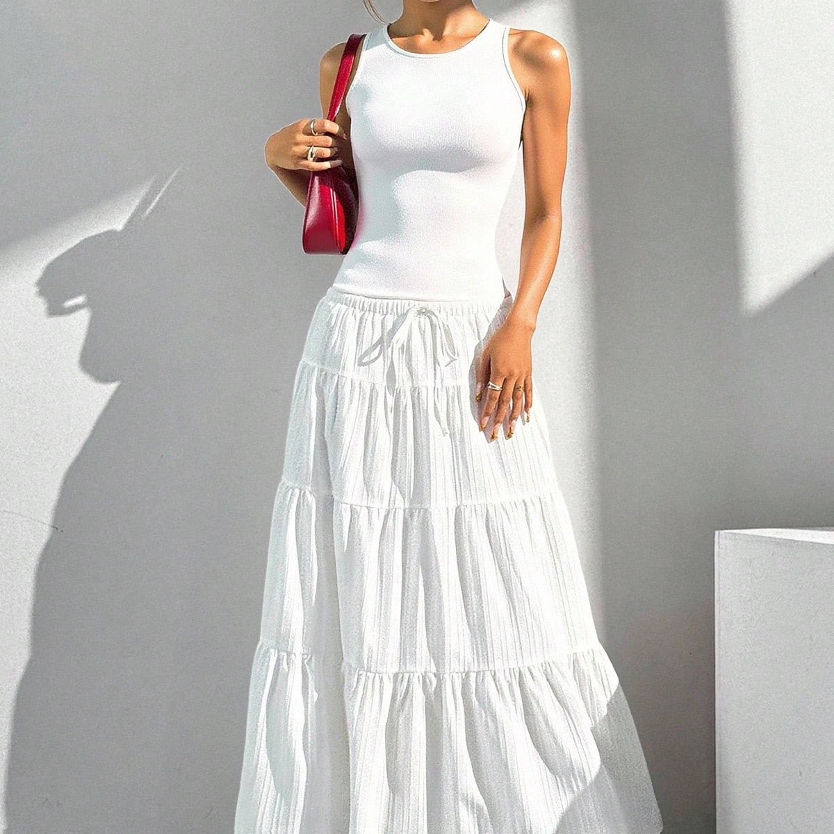 SHEIN EZwear Women Solid Color High Waist Tie Ruffled Hem Maxi Skirt | SHEIN