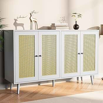 Cozy Castle White Rattan Buffet Cabinet with Storage, Accent Sideboard Cabinet with 4 Rattan Door... | Amazon (US)