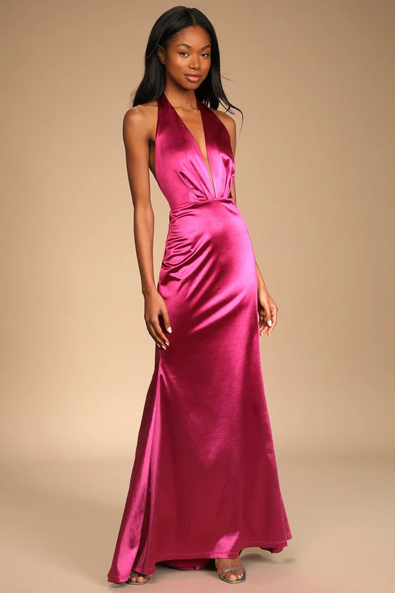 Beguiling Beauty Magenta Satin Halter Mermaid Maxi Dress | Lulus (US)