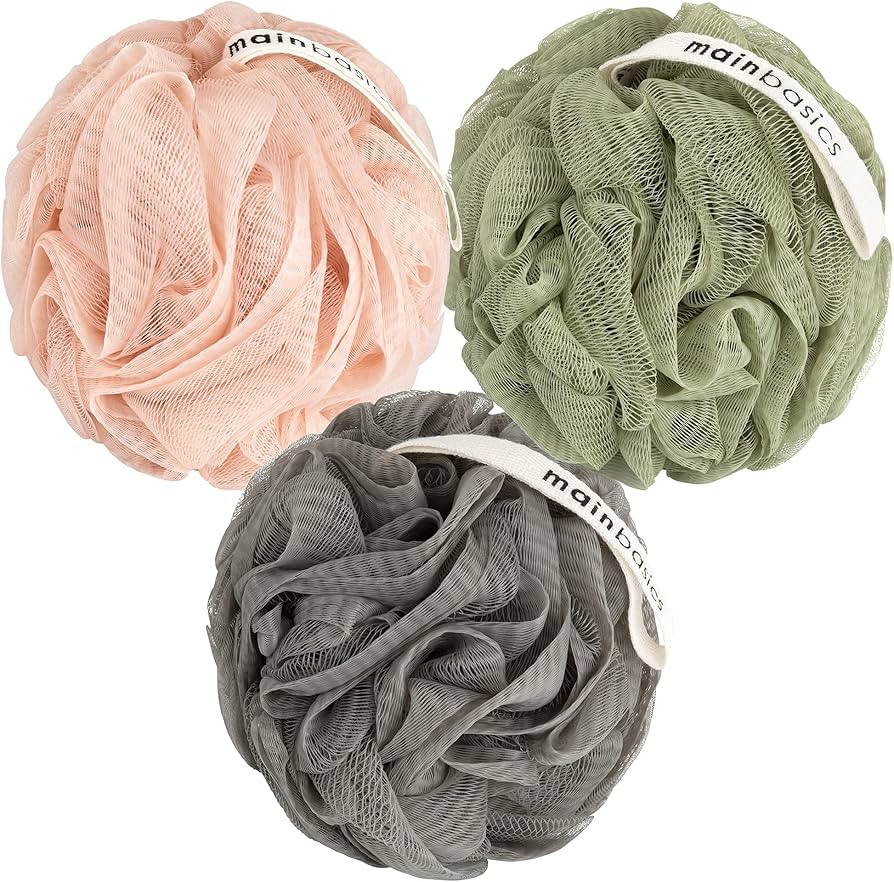 MainBasics Bath Shower Loofah Sponge Puff Exfoliating Body Scrubber (Set of 3) (Earthy Love) | Amazon (US)