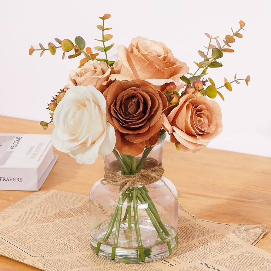 Dolicer Artificial Flowers in Vase with Faux Water, 15’’Silk Roses and Eucalyptus with Fake W... | Amazon (US)