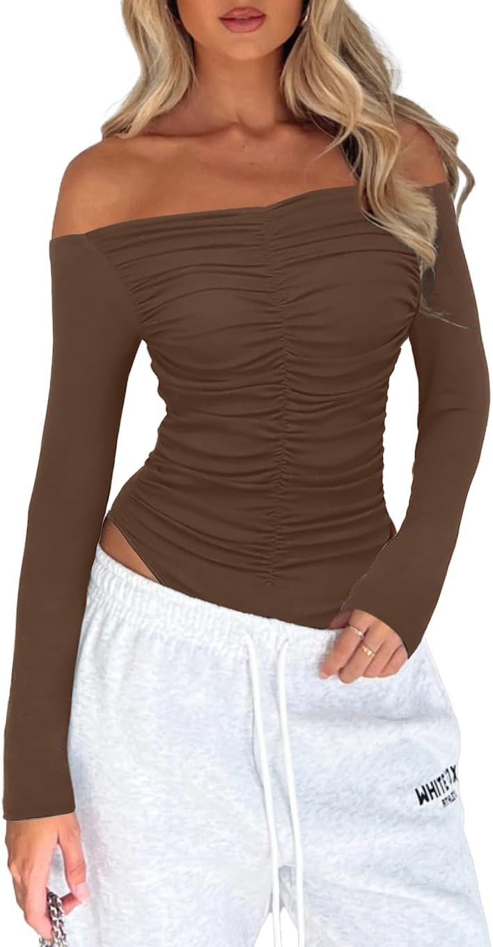 Darong Women's Off The Shoulder Long Sleeve Bodysuit Boat Neck Ruched Bust Bodysuits Tops Shirts | Amazon (US)