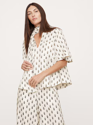 Viscose-Linen Tie-Neck Top | Banana Republic (US)