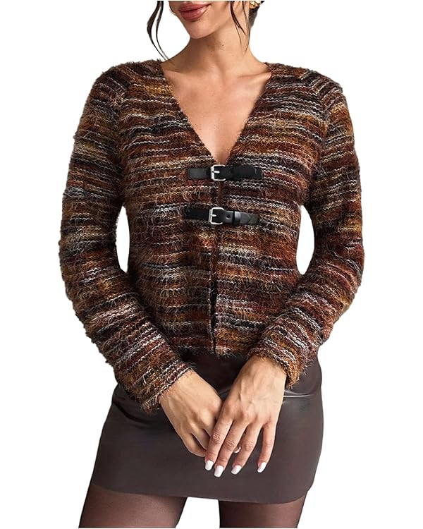 OYOANGLE Women's Striped Fuzzy Trim V Neck Sweater Buckle Front Y2K Trendy Split Hem Fall Sweater... | Amazon (US)