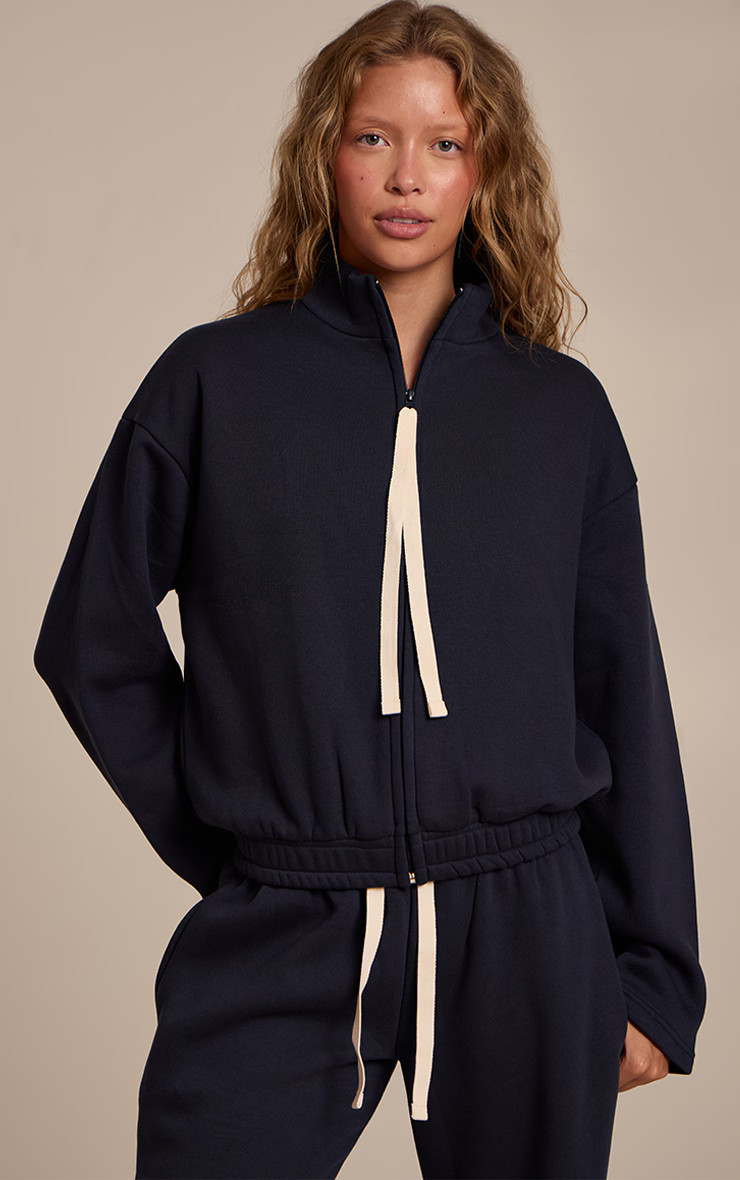 Navy Contrast Drawcord Funnel Neck Sweatshirt | PrettyLittleThing UK