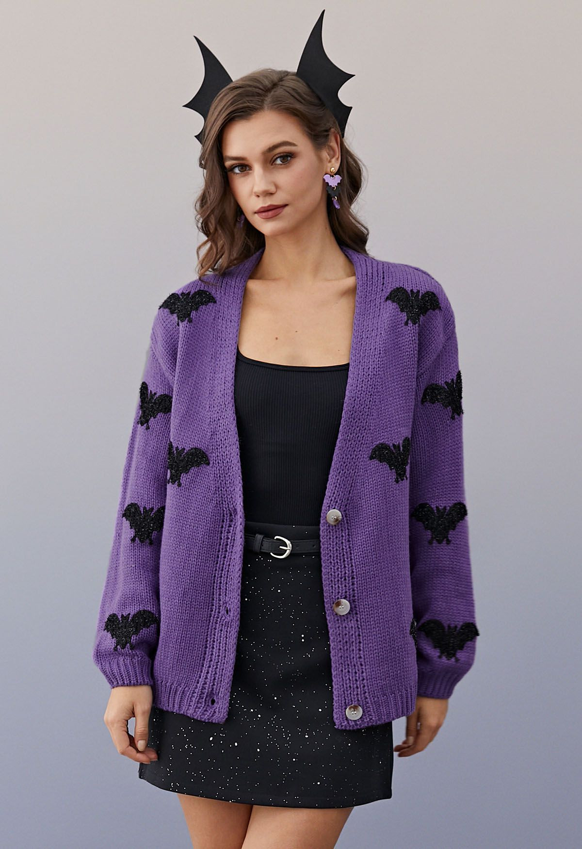 Mystic Bats Patch Buttoned Knit Cardigan in Purple Halloween Costumes | Chicwish