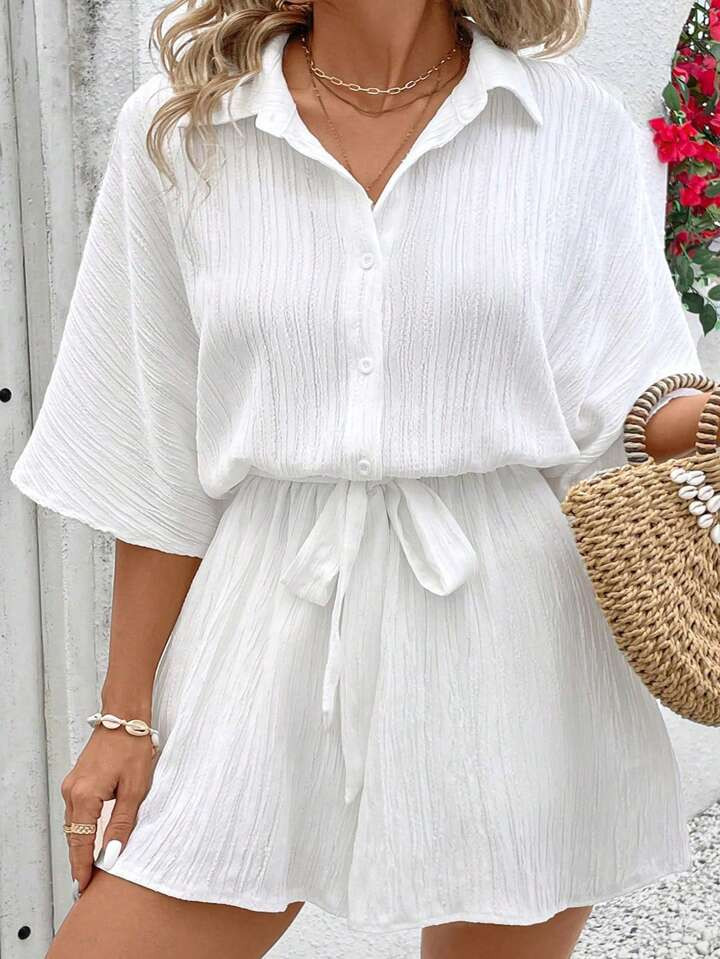 SHEIN VCAY Plus Batwing Sleeve Knot Front Shirt Romper | SHEIN