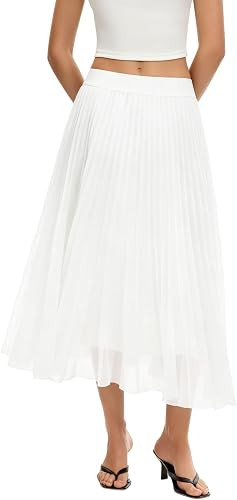 QINSEN Women's Elegant Flowy Pleated Chiffon Skirts Summer A-line Swing Midi Skirts Casual Elasti... | Amazon (US)