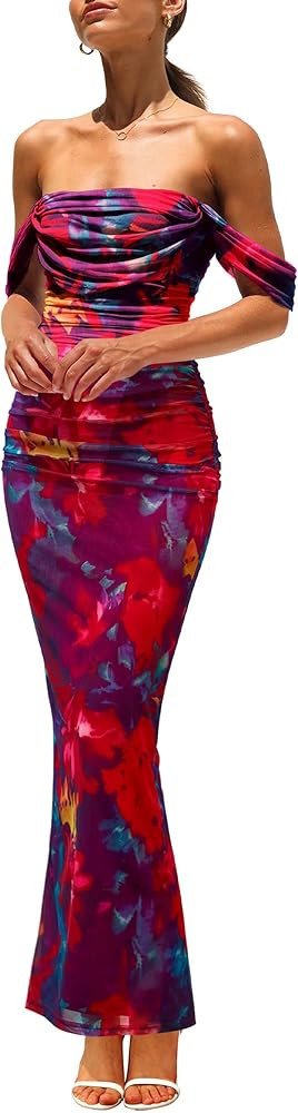 PRETTYGARDEN Cocktail Dresses for Women 2026 Summer Floral Off Shoulder Ruched Mesh Elegant Weddi... | Amazon (US)