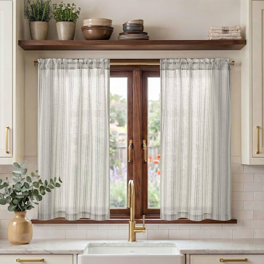 jinchan Gray Striped Linen Kitchen Curtains 45 Inch Cafe Tier Curtains Balanced Stripe Farmhouse ... | Amazon (US)