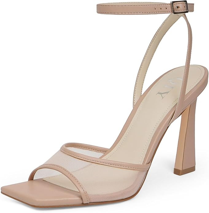 Strappy Heels for Women Heeled Sandals Square Toe Heel Ankle Strap Stiletto Mesh High Heels Dress... | Amazon (US)