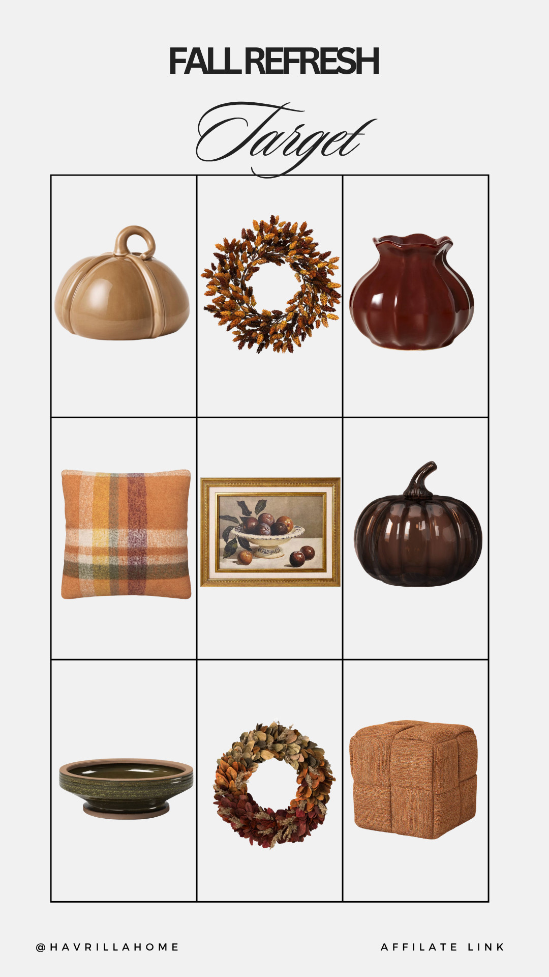 Target Fall Refresh: Target fall decor, Target fall home finds, fall refresh ideas, autumn decor finds, ceramic pumpkin decor, fall wreath, burgundy vase, plaid fall pillow, glass pumpkin, fall wall art, decorative bowl, orange ottoman, warm autumn decor, traditional fall decor, cozy fall decorating, affordable Target decor, seasonal home refresh, fall living room decor, elevated fall decor

#LTKHome
