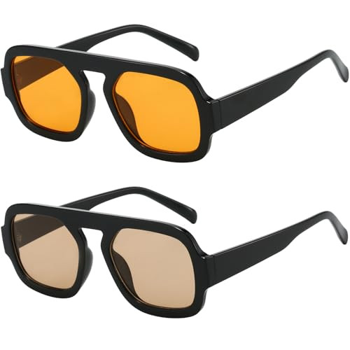 MUNSADE Trendy Square Aviator Sunglasses for Women Flat Top Designer Stylish Frame Sun Glasses Vintage Shades ((2 Pack) Black/Orange+Black/Light Brown) | Amazon (US)