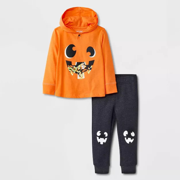 Toddler Boys' Halloween Pumpkin Long Sleeve Hooded Jersey T-Shirt and Fleece Jogger Set - Cat & J... | Target