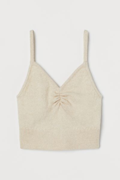 Shorter top in a soft knit with wool content. Narrow shoulder straps, V-neck with gathers at fron... | H&M (US + CA)