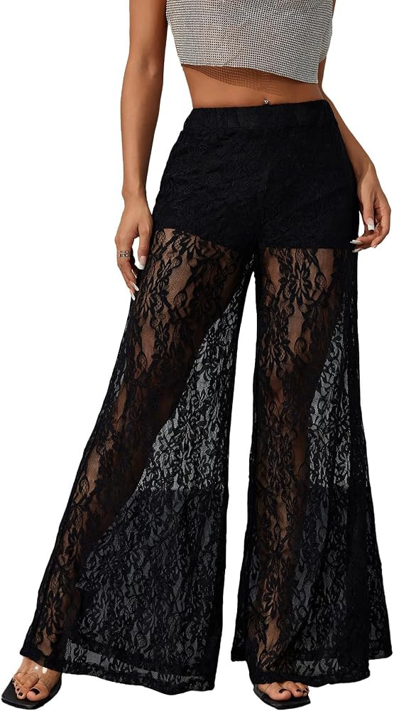 OYOANGLE Women's Lace Sheer Elastic Waist Wide Leg Pants See Through Long Trousers Party Clubwear | Amazon (US)