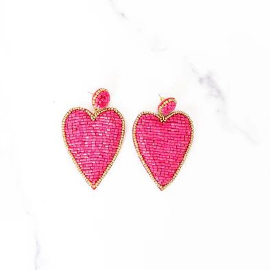 Large Hot Pink Beaded Heart Earrings | Golden Thread