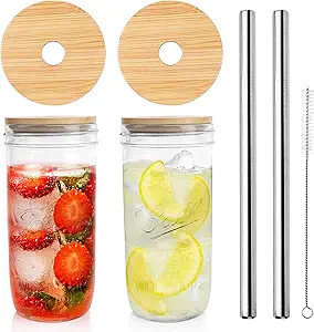 Mason Jar with Lids and Straws, 24 OZ Wide Mouth Mason Jar Drinking Glasses, Set of 2 Mason Jar C... | Amazon (US)