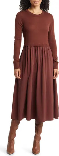 Mixed Media Long Sleeve Midi Dress | Nordstrom