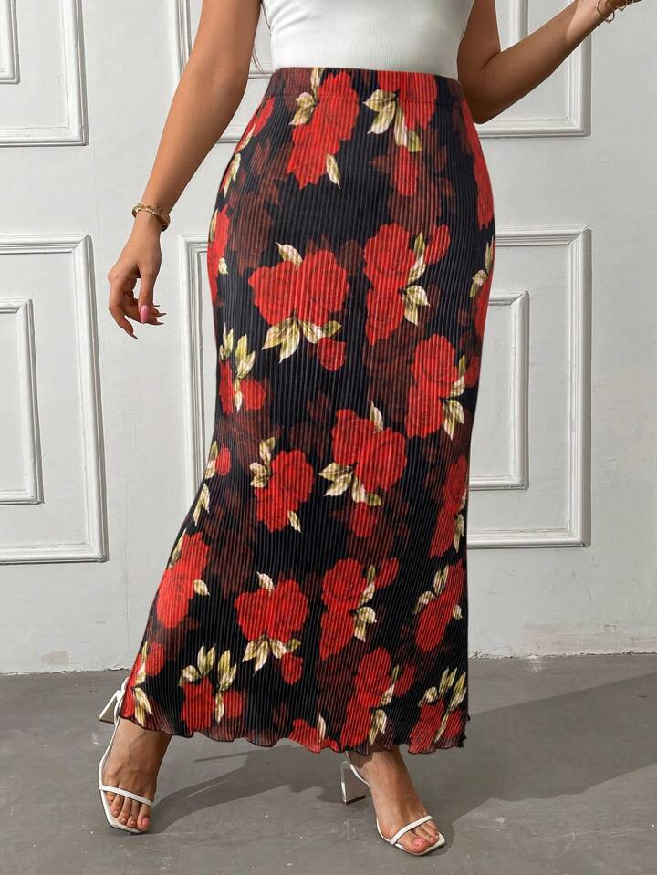 Franclia Plus Size Elegant Floral Print Maxi Flared Skirt For Autumn | SHEIN