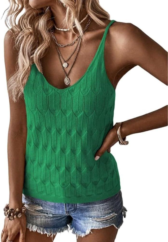 Womens Tank Tops V Neck Spring Summer Camisole Spaghetti Strap Cami Top Sleeveless Knitted Shirt ... | Amazon (US)