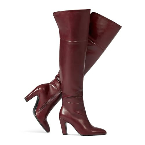 wetkiss Thigh High Burgundy Boots for Women - Wide Calf, Tall, Over the Knee, Block Heel, Chunky Leather, Round Toe, Winter Boots | Amazon (US)
