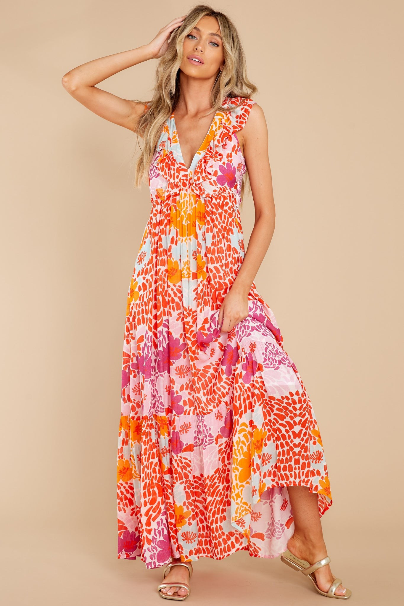 Antigua Orange Ruffle V-Neck Maxi Dress | Red Dress 