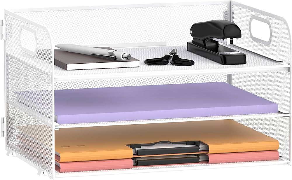 SUPEASY 3 Tier Paper Organizer with Handle, Mesh Desk Organizer Letter Tray, Paper Tray Organizer... | Amazon (US)