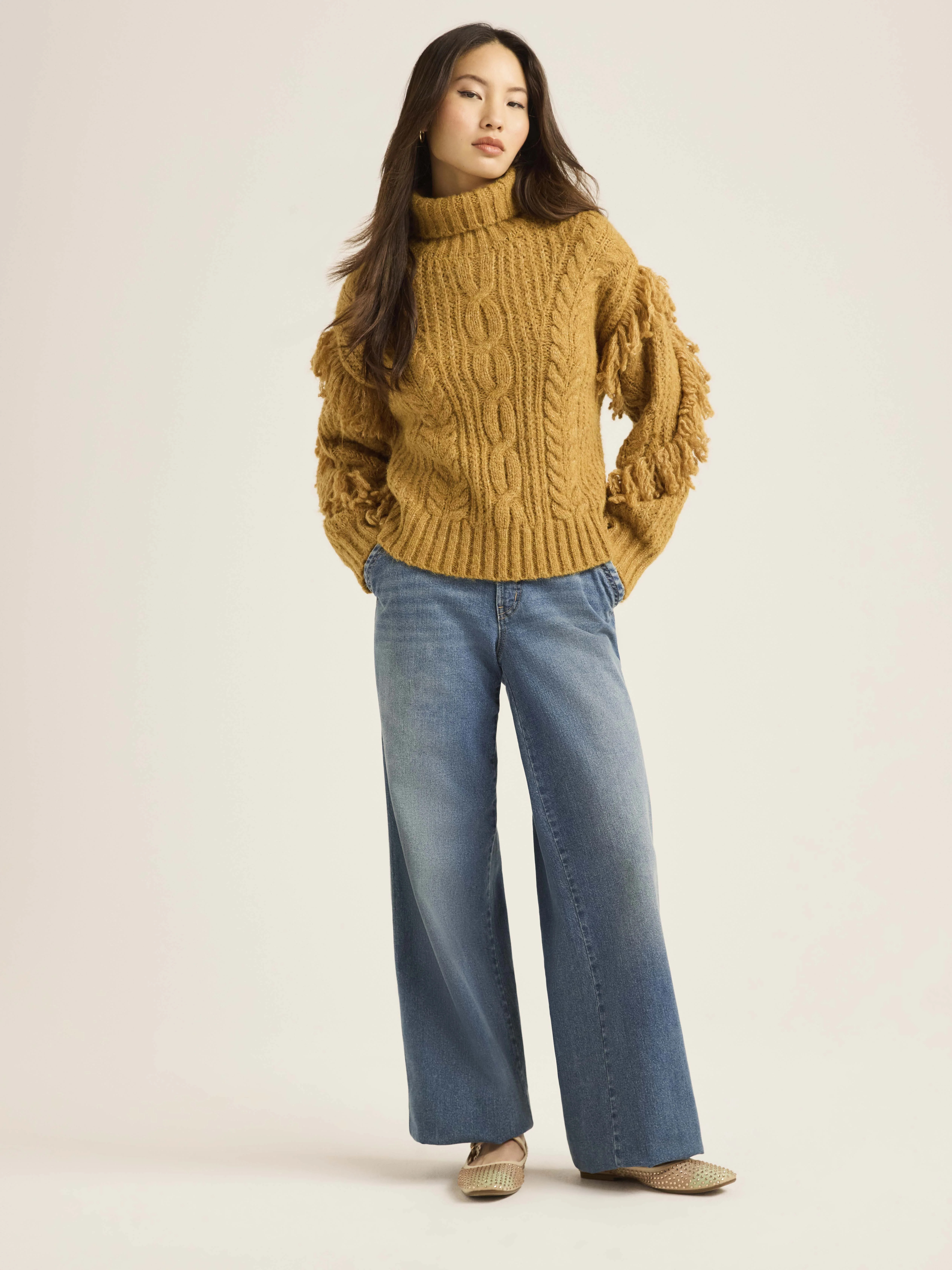 Scoop Women’s and Women's Plus Cable Knit Turtleneck Sweater with Fringe, Midweight, Sizes XS-4... | Walmart (US)