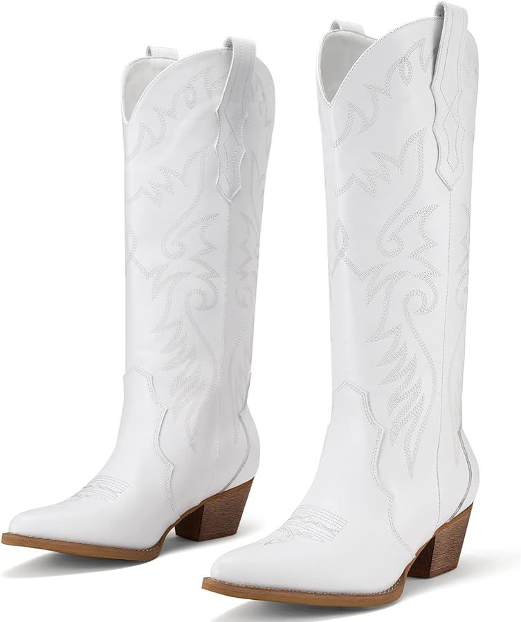 Rollda Cowboy Boots for Women Embroidered Cowgirl Boots Knee-High Western Boots with Chunky Heel | Amazon (US)