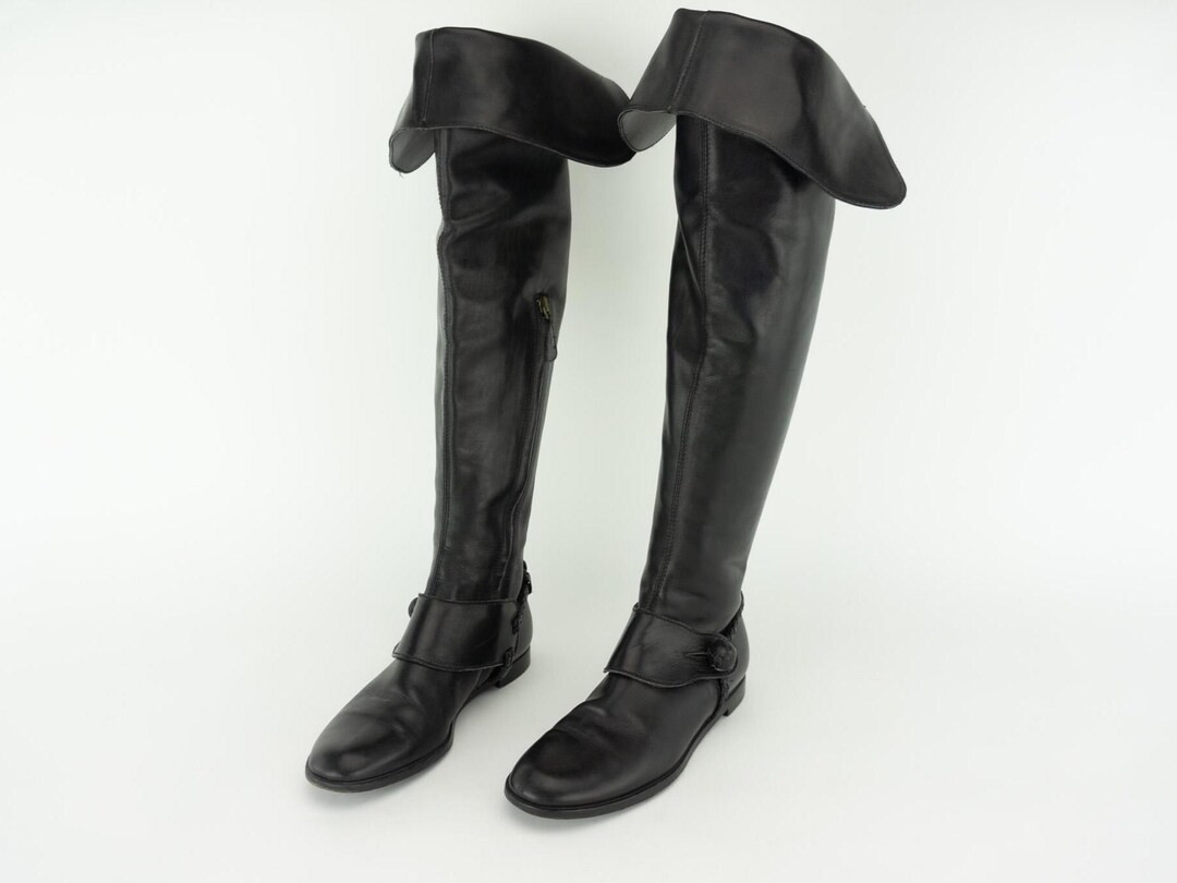 Alexander Mcqueen Vintage Over Knee Boots 1990s | Black Leather Flat Boots With Monk Braided Stra... | Etsy (US)