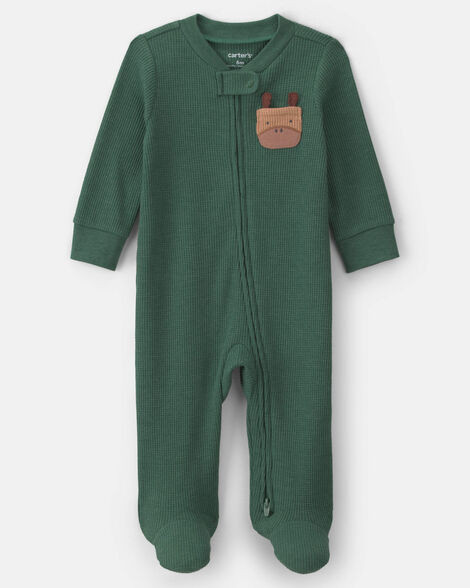 Baby Boy Moose Cotton 2-Way Zip Thermal Sleep & Play Pajamas - Green | Carter's | Carter's Inc