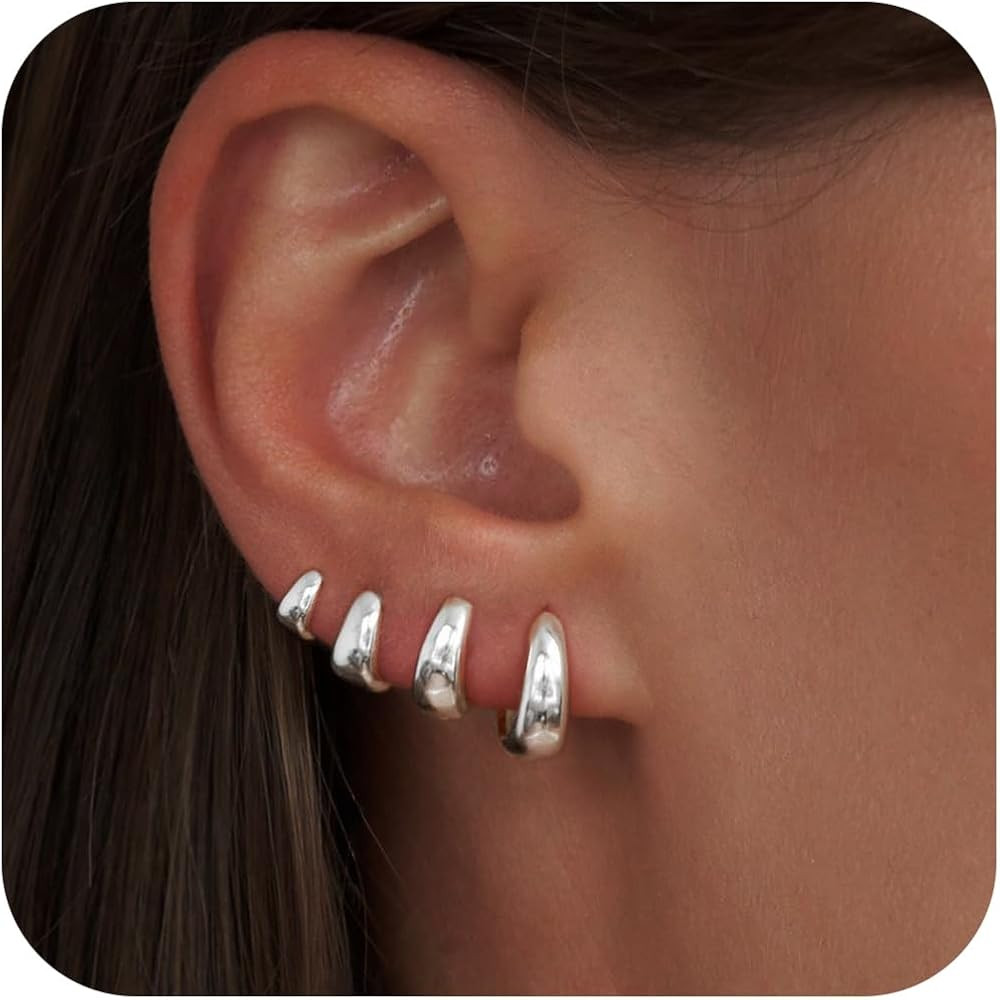 Small Silver Chunky Hoop Earrings Set for Women, Sterling Silver Huggie Earrings for Women Trendy... | Amazon (US)