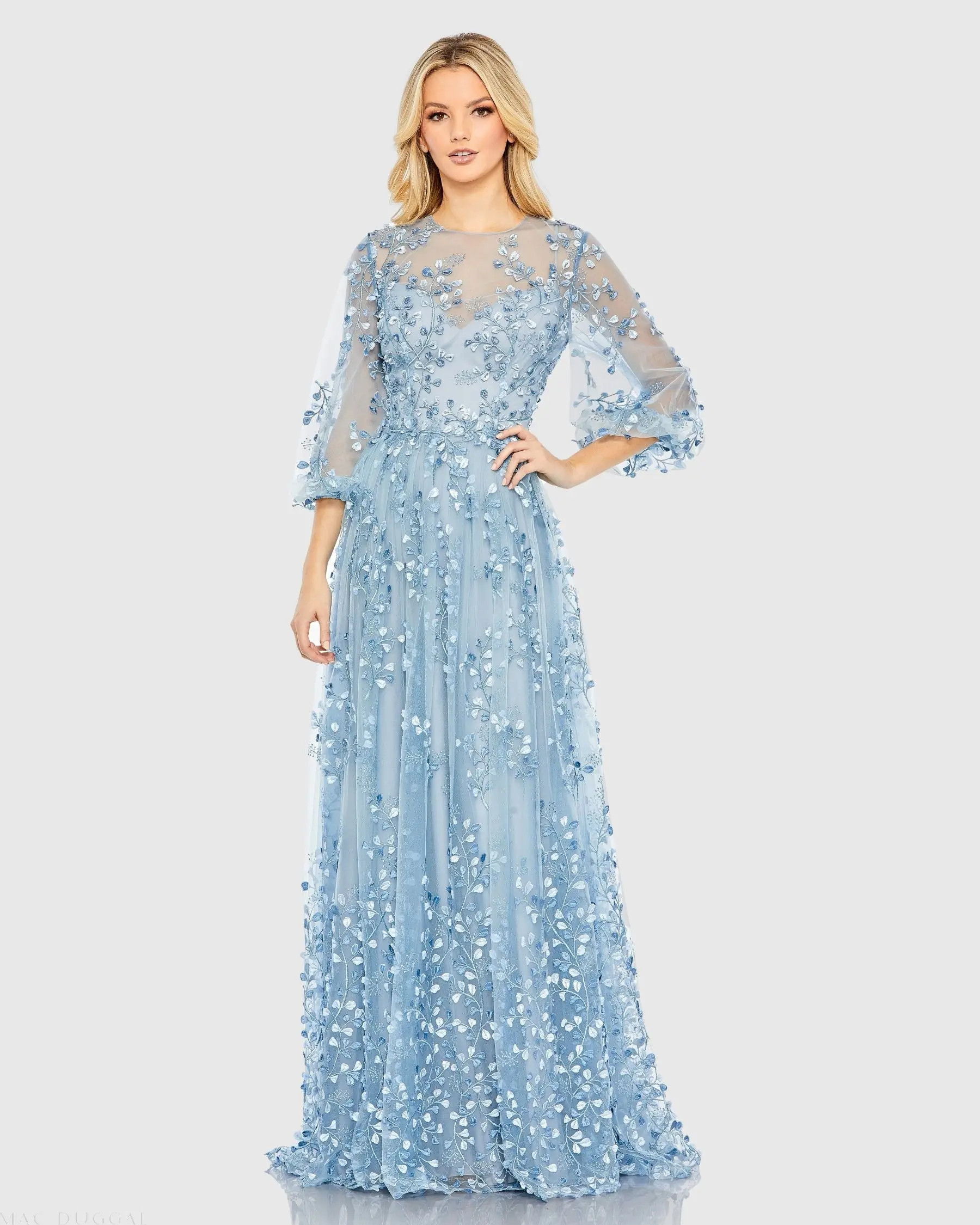 Blue Embroidered Puff Sleeve A-Line Gown - Mac Duggal | Mac Duggal