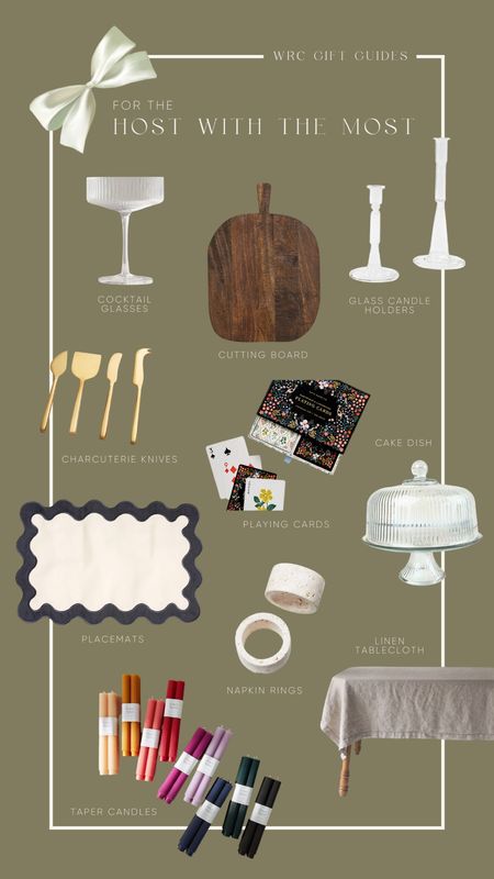 Gift guide for the one that hosts on your list. Cocktail glasses, wooden cutting board, glass candle holders, brass charcuterie knifes, fancy playing cards, glass cake dish, scalloped placemats, napkin rings, linen tablecloth, colourful taper candles

#LTKGiftGuide #LTKSeasonal #LTKHolidaySale