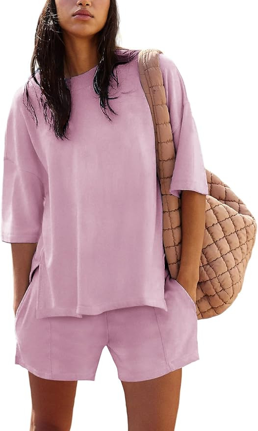 Womens Shorts Sets 2 Piece Outfits Summer 2025 Half Sleeve Crew Neck Cotton Lounge Sets Matching ... | Amazon (US)