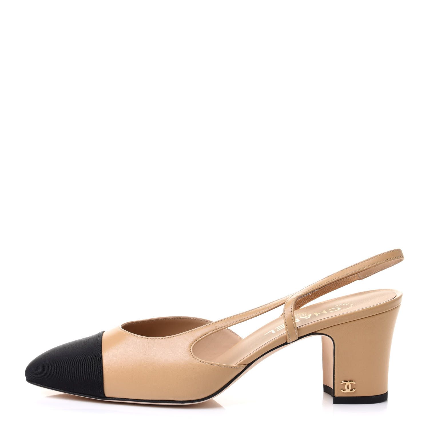 CHANEL

 Goatskin Grosgrain Cap Toe CC Slingback Pumps 40.5 Beige Black | Fashionphile