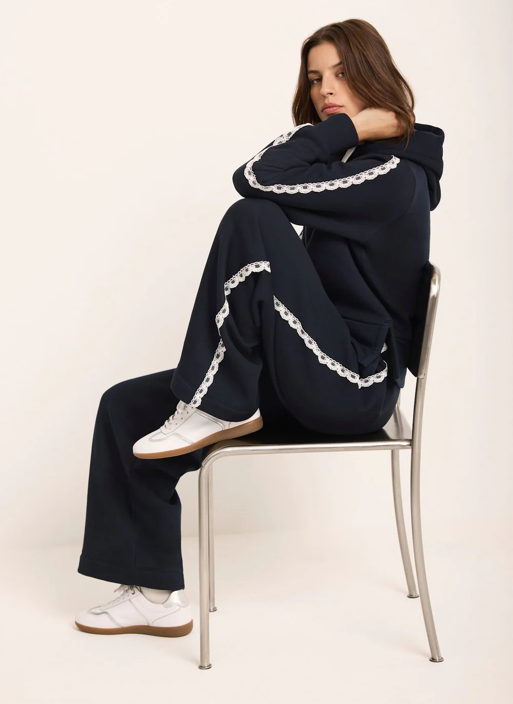 Navy Jersey Crochet Trim Wide Joggers | Mint Velvet