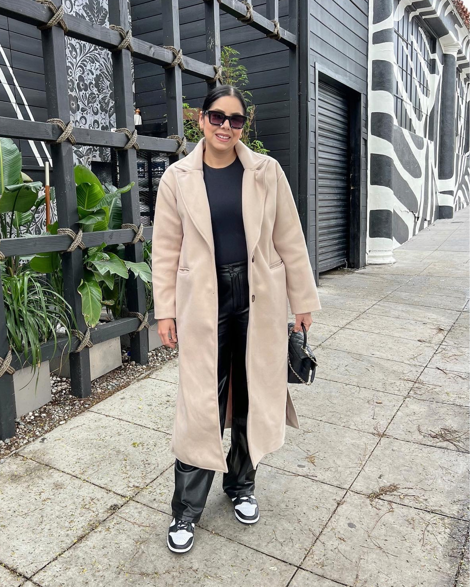 black faux leather relaxed pants, black and white dunks, black crew bodysuit

#LTKstyletip #LTKSeasonal #LTKshoecrush