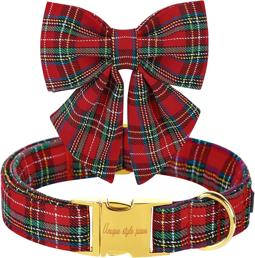 Unique style paws Christmas Dog Collar with Bow Tie Scottish Plaid Puppy Collar for Small Medium ... | Amazon (US)