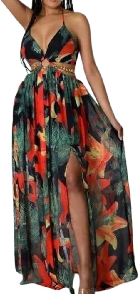 Women's 2024 New Summer Printed Backless Side Slit Halter Dress | Amazon (US)
